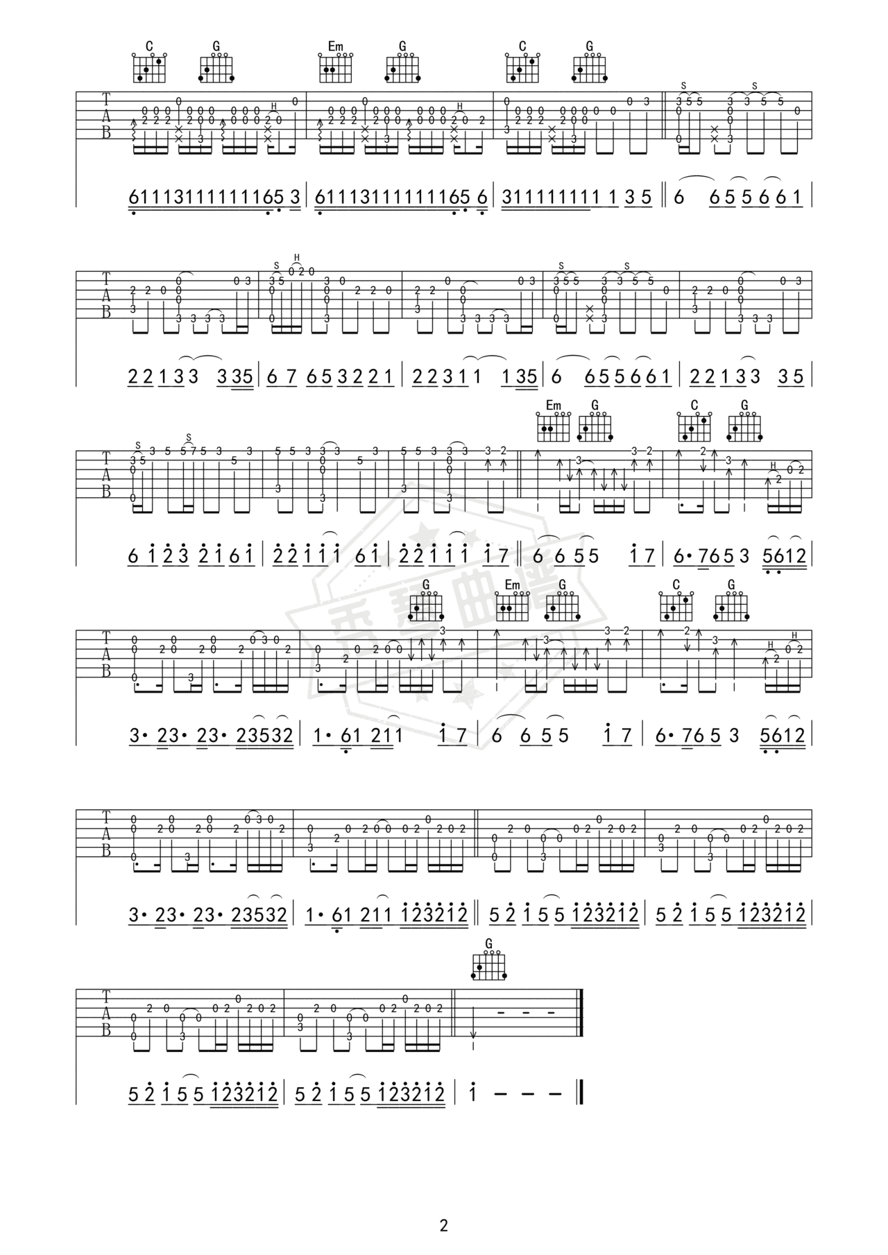 图片[2]-《see you again(速度与激情七插曲)》吉他简谱G调指弹谱（Charlie Puth，Wiz Khalifa）-秀琴曲谱网