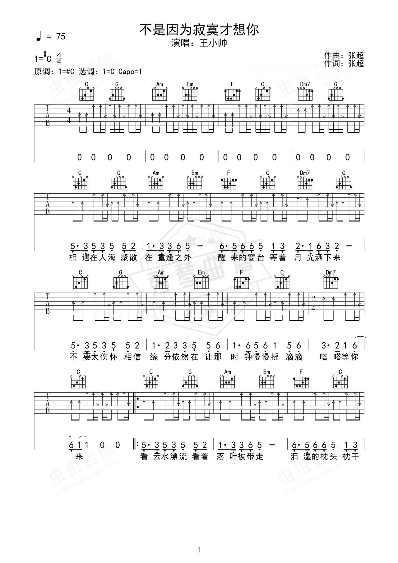 《不是因为寂寞才想你》吉他简谱C#/Db弹唱谱（王小帅）-秀琴曲谱网