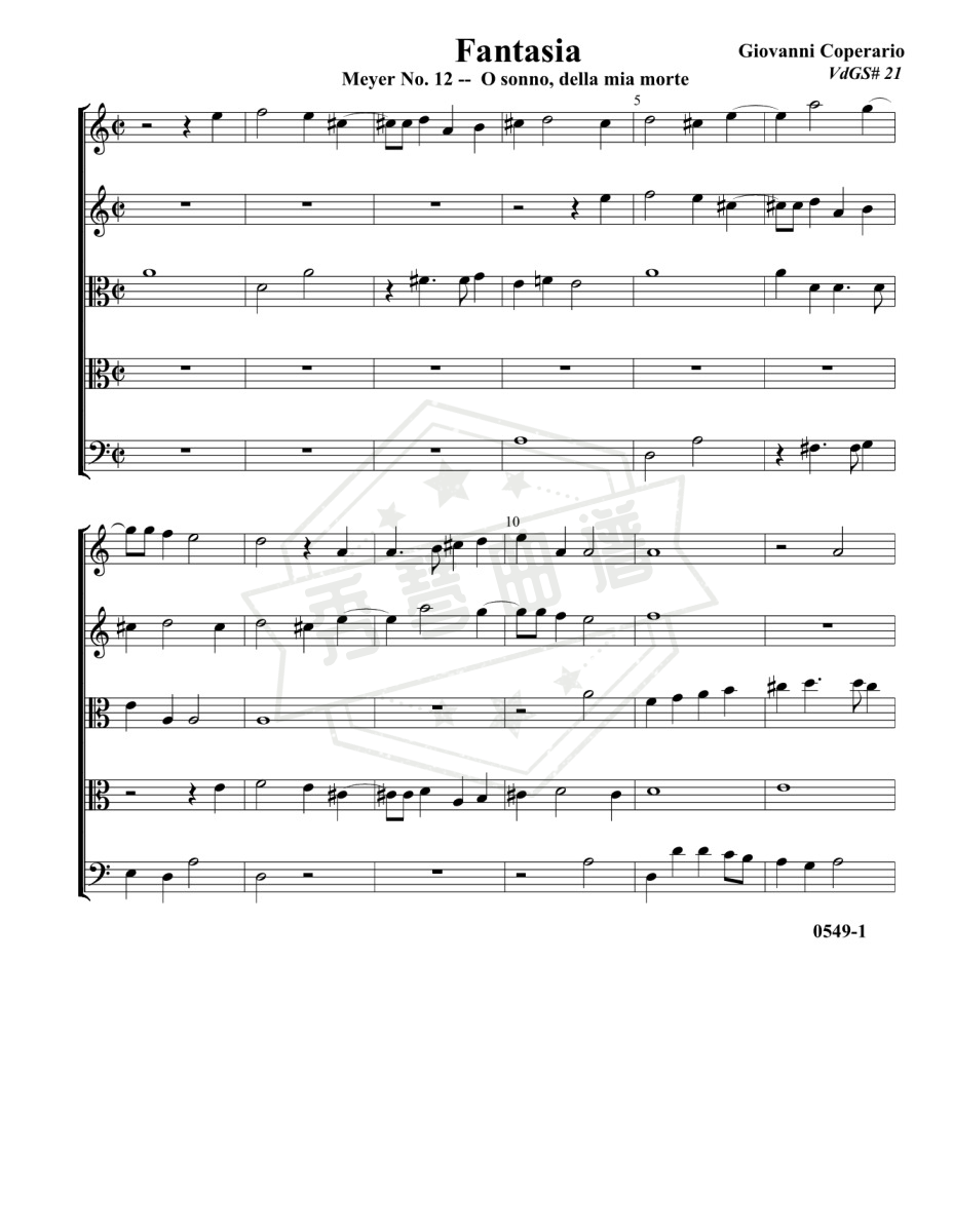 Fantasia for 5 Viols,RC 44(John Coperario)完整乐谱 (tr tr a t b)-秀琴曲谱网