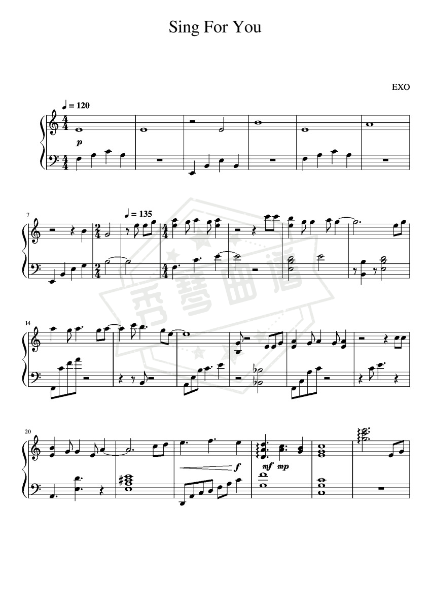 EXO -《Sing For You》-秀琴曲谱网
