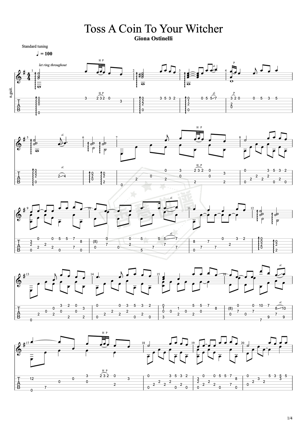 《Toss a Coin to Your Witcher》吉他简谱G调指弹谱（Giona Ostinelli）-秀琴曲谱网
