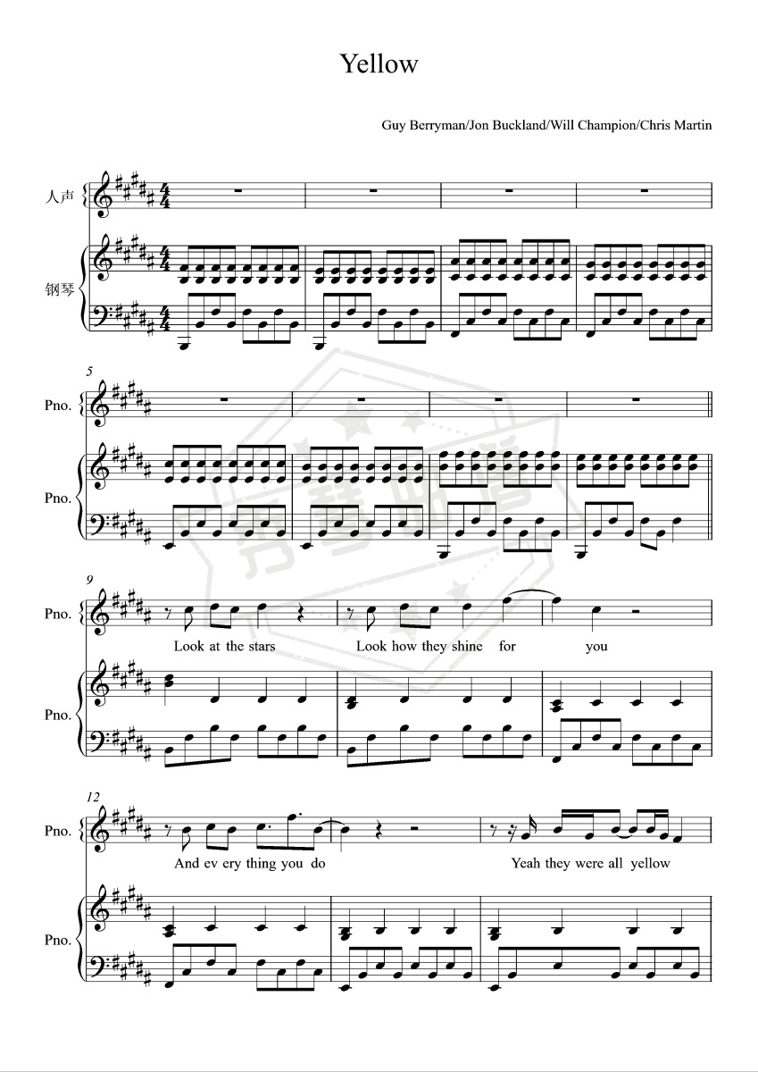 Yellow【原调弹唱附词】 Coldplay-秀琴曲谱网