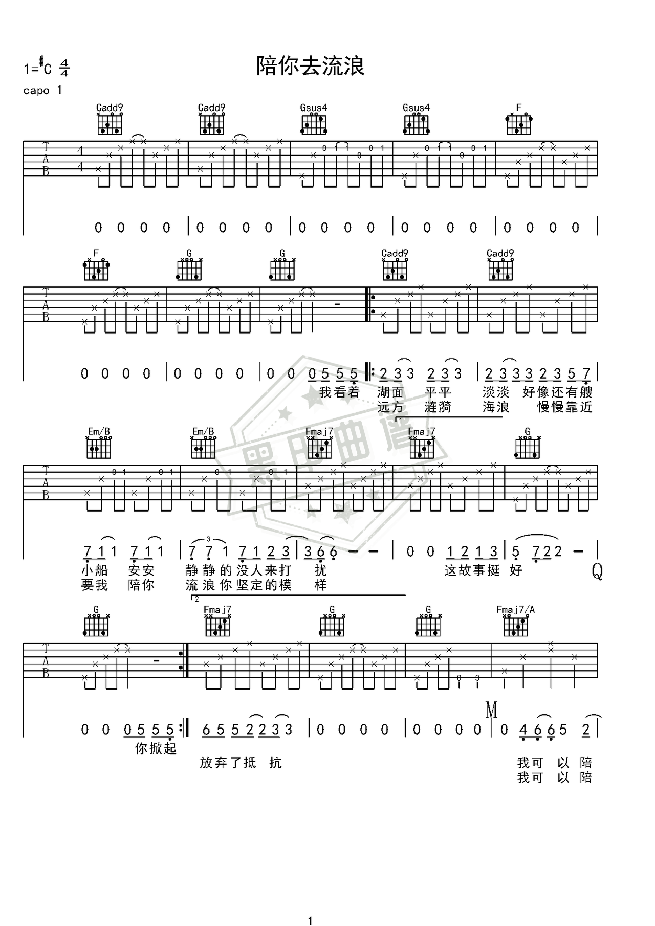 简谱C调《陪你去流浪》吉他弹唱谱_C调陪你去流浪曲谱
