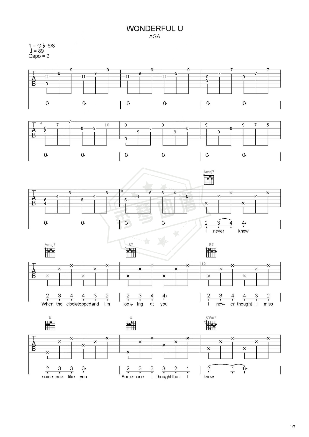 《wonderful》吉他简谱C调弹唱谱（AGA）-秀琴曲谱网