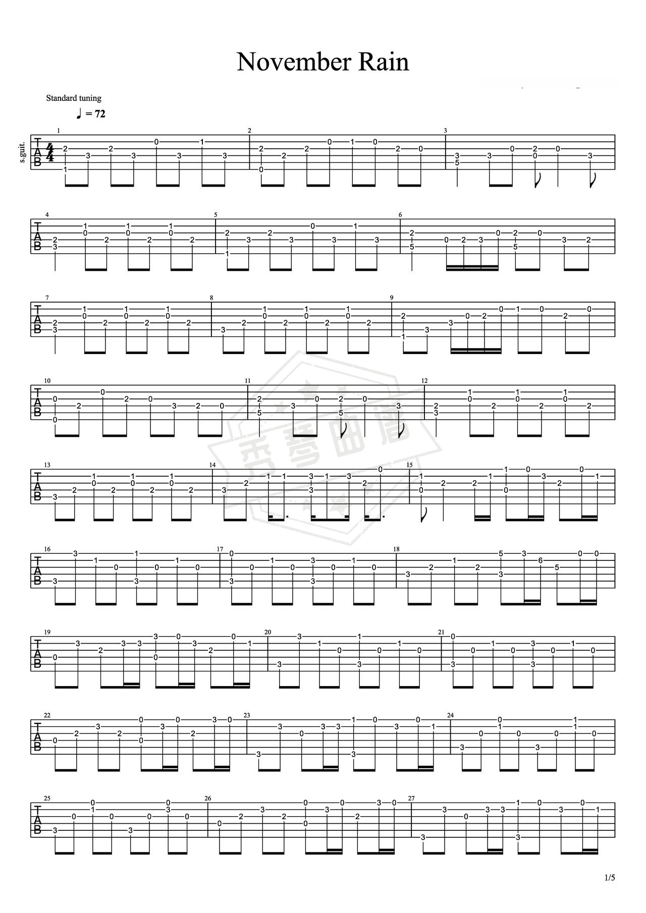 《November Rain》吉他简谱C调指弹谱（Guns n’ Roses）-秀琴曲谱网