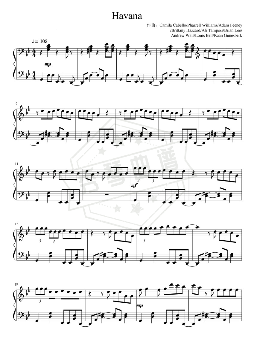 《Havana》钢琴五线谱b调演奏版-秀琴曲谱网