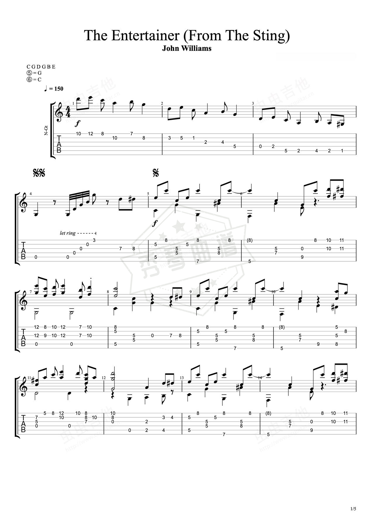 《The Entertainer》吉他简谱C调指弹谱（John Williams）-秀琴曲谱网
