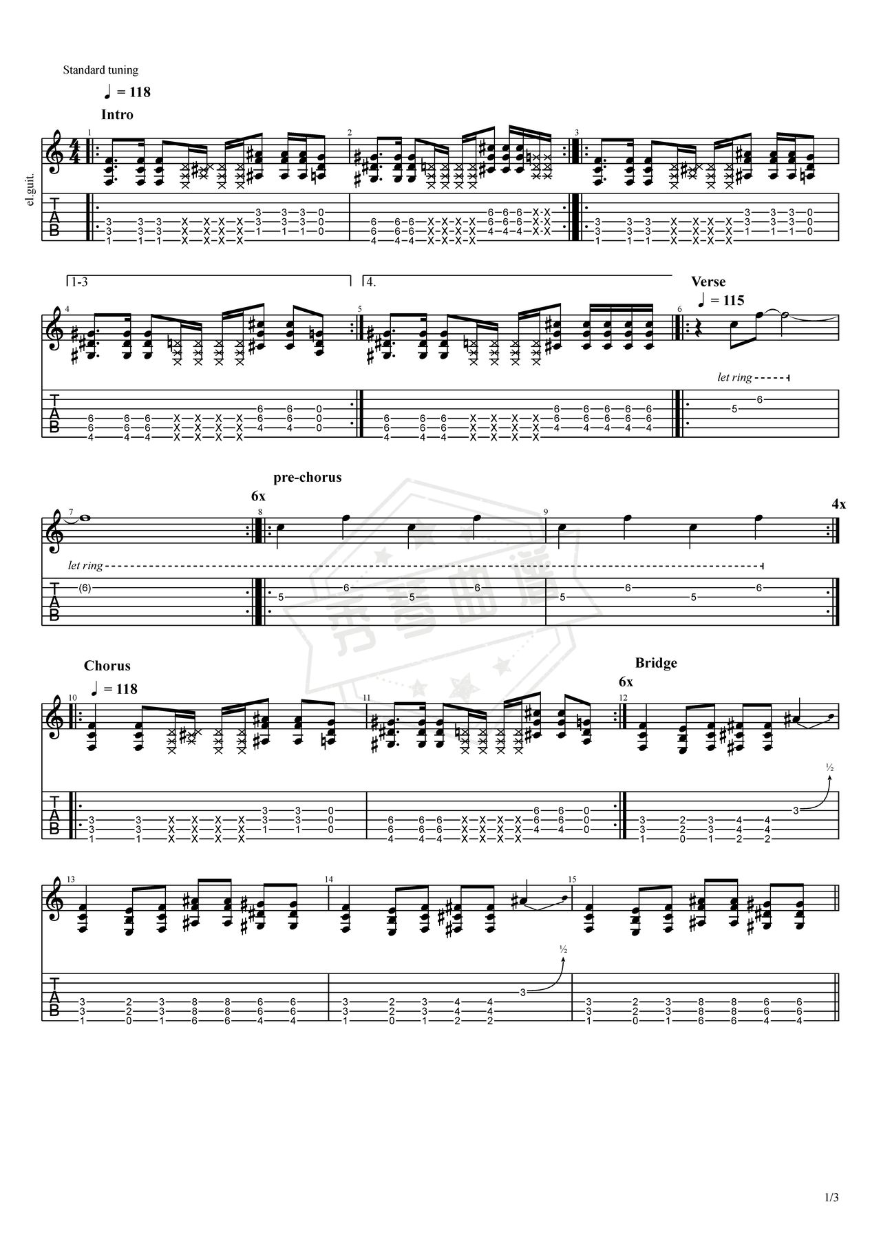 《Smells Like Teen Spirit》吉他简谱f调电吉他谱（nirvana）-秀琴曲谱网