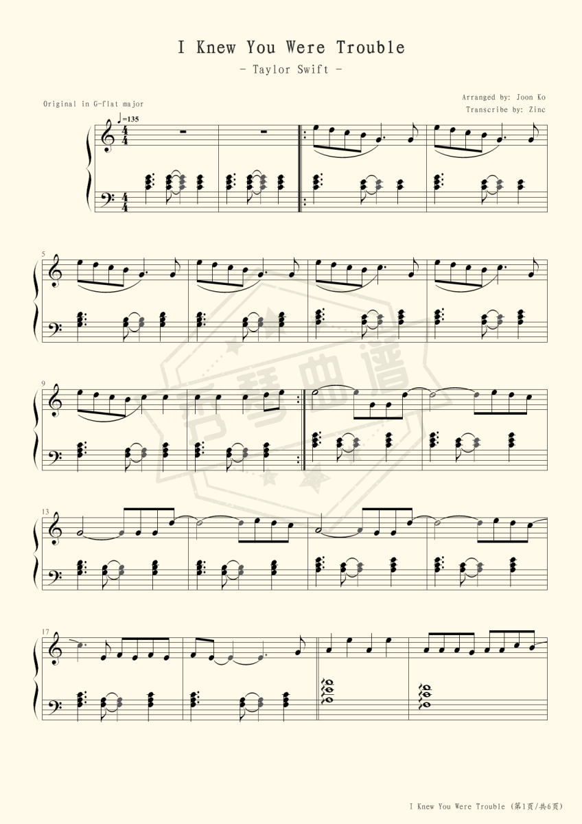 I Knew You Were Trouble-Taylor Swift-秀琴曲谱网