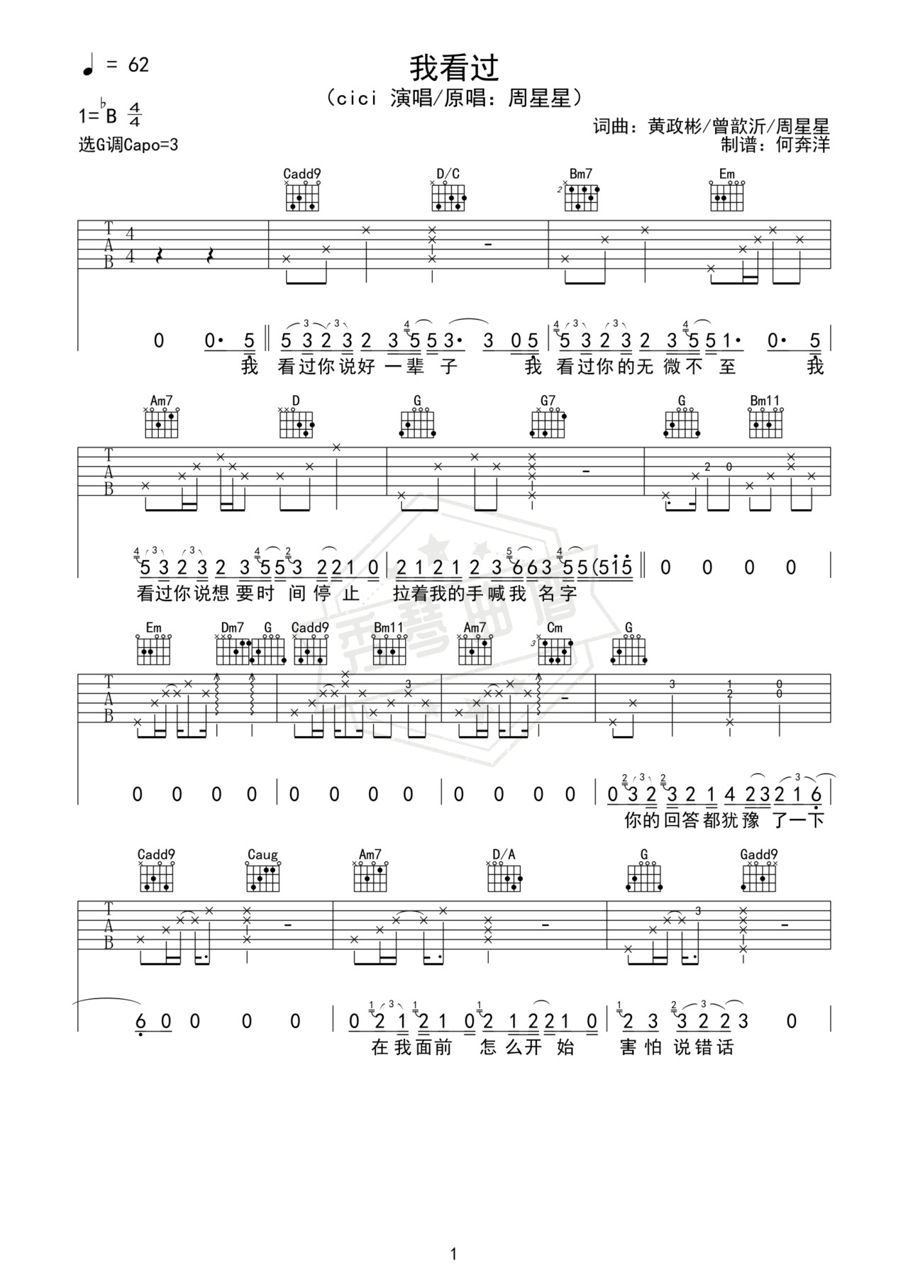 《我看过》吉他简谱G调弹唱谱（cici）-秀琴曲谱网