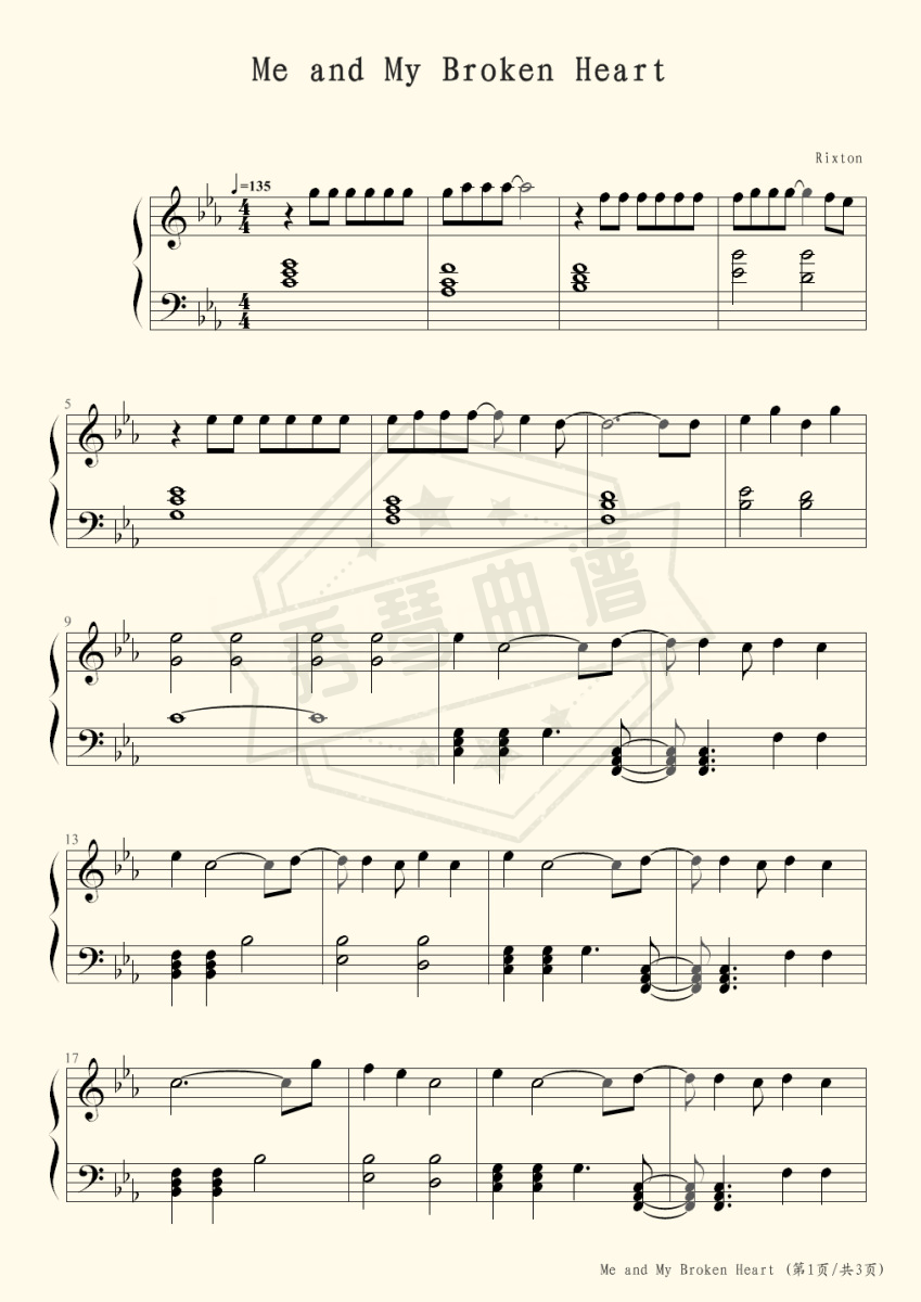Me and My Broken Heart-Rixton-秀琴曲谱网