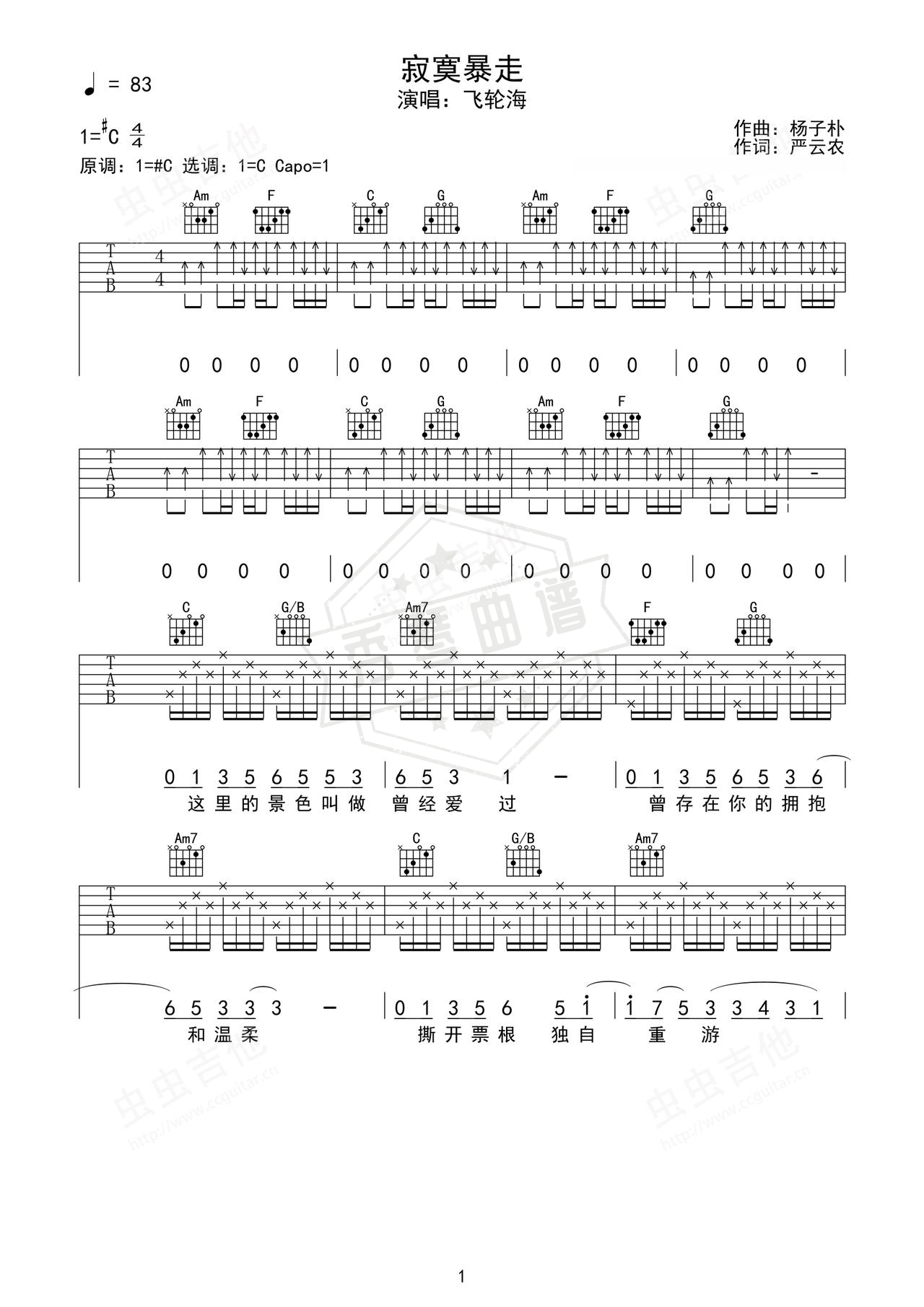 《寂寞暴走》吉他简谱C#/Db弹唱谱（飞轮海）-秀琴曲谱网
