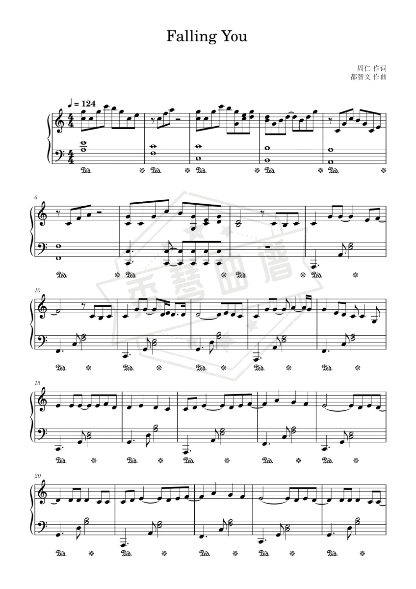 《Falling You》钢琴五线谱c调演奏版(曾可妮)-秀琴曲谱网