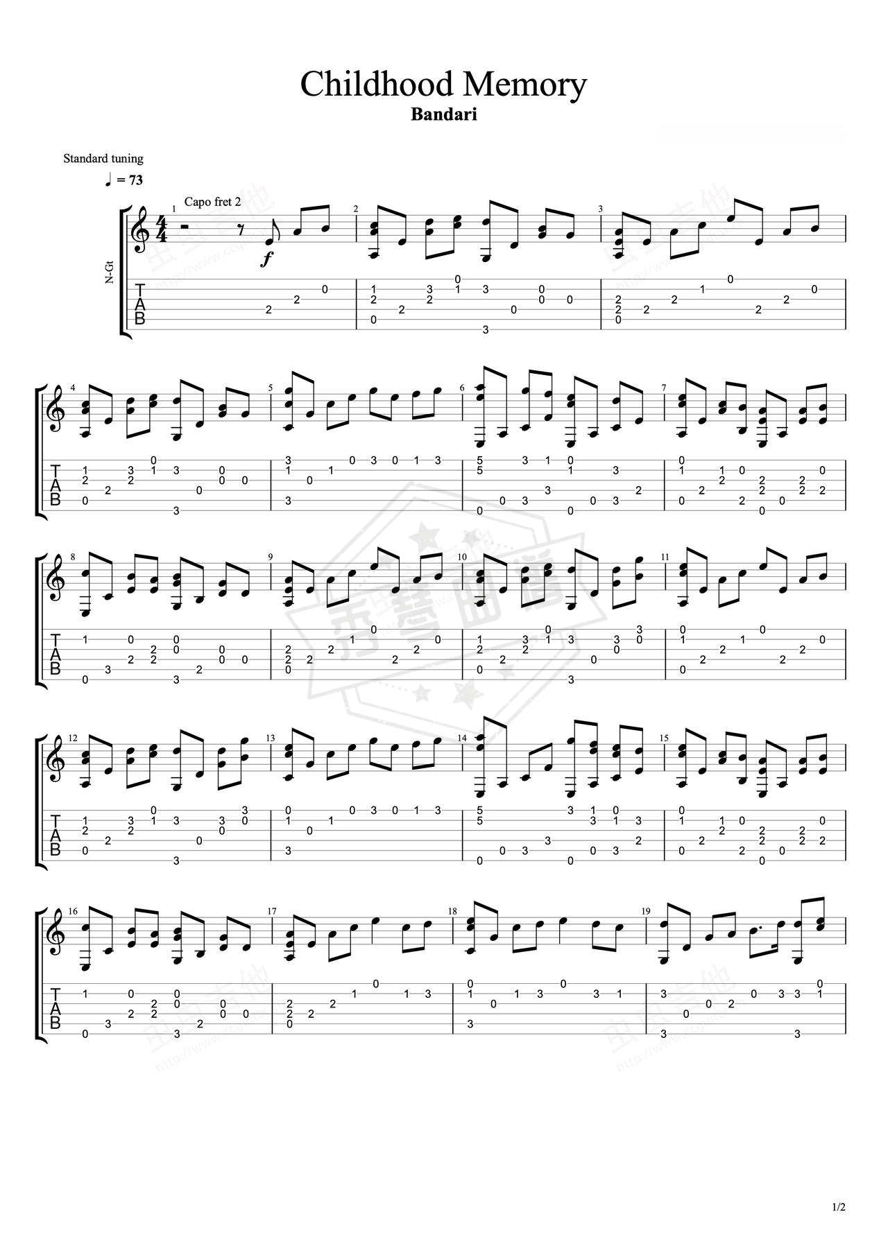 《Childhood Memory》吉他简谱D调指弹谱（Bandari）-秀琴曲谱网