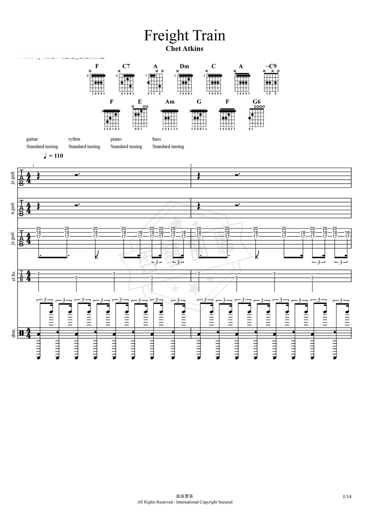 《Freight Train》吉他简谱F调总谱（Chet Atkins）-秀琴曲谱网