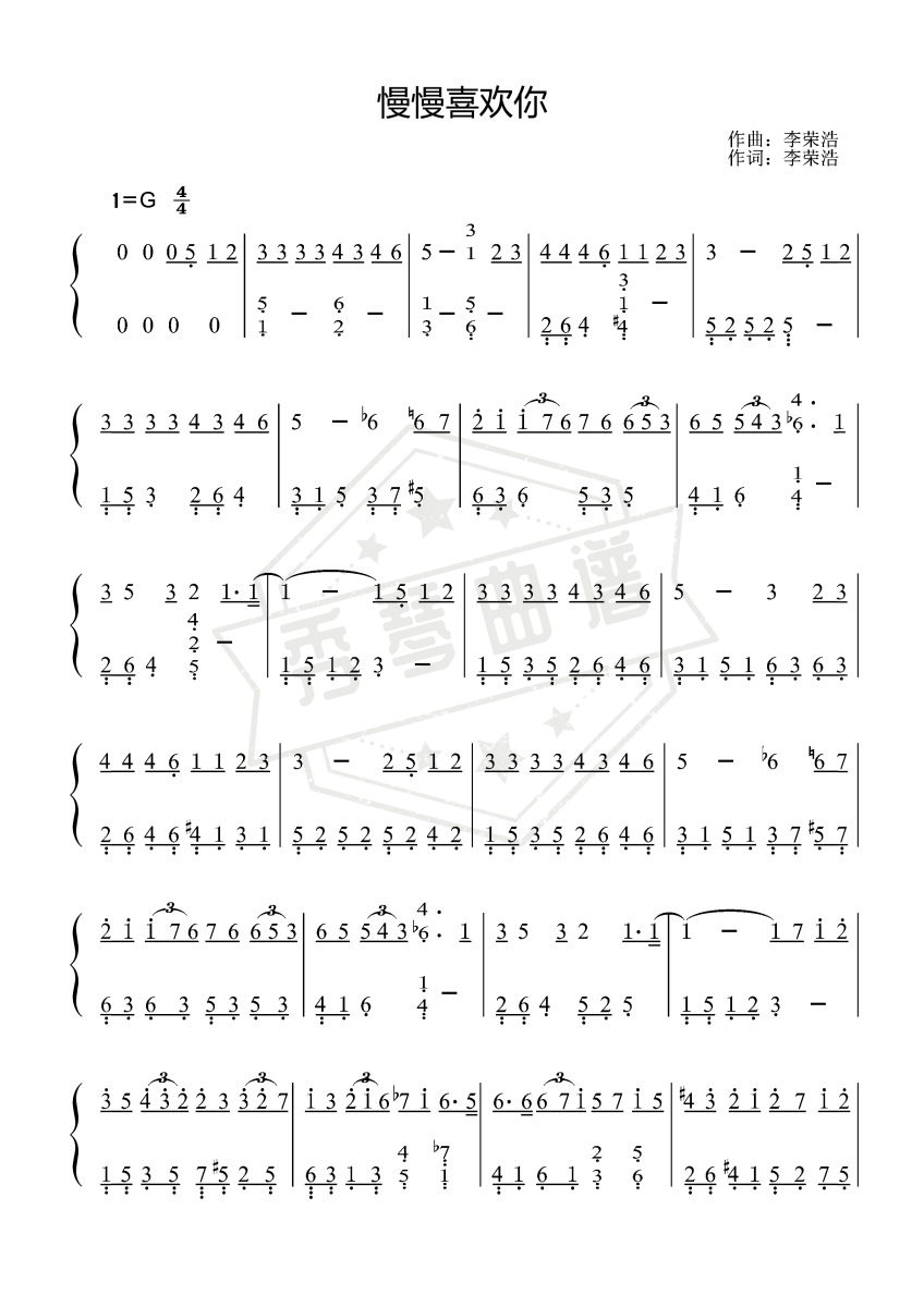 慢慢喜欢你-莫文蔚〖数字简谱〗-秀琴曲谱网
