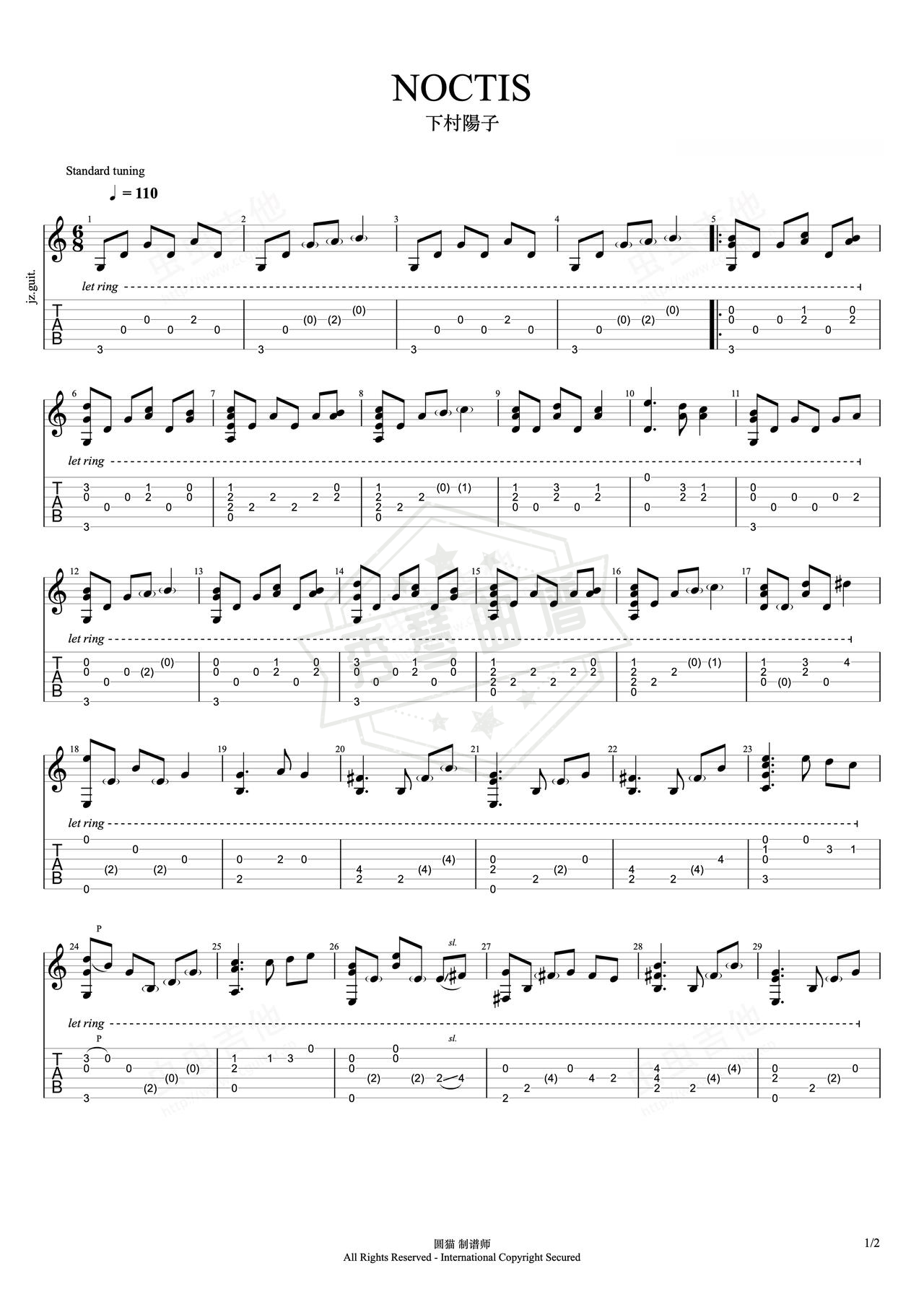 《NOCTIS》吉他简谱G调指弹谱（下村陽子）-秀琴曲谱网