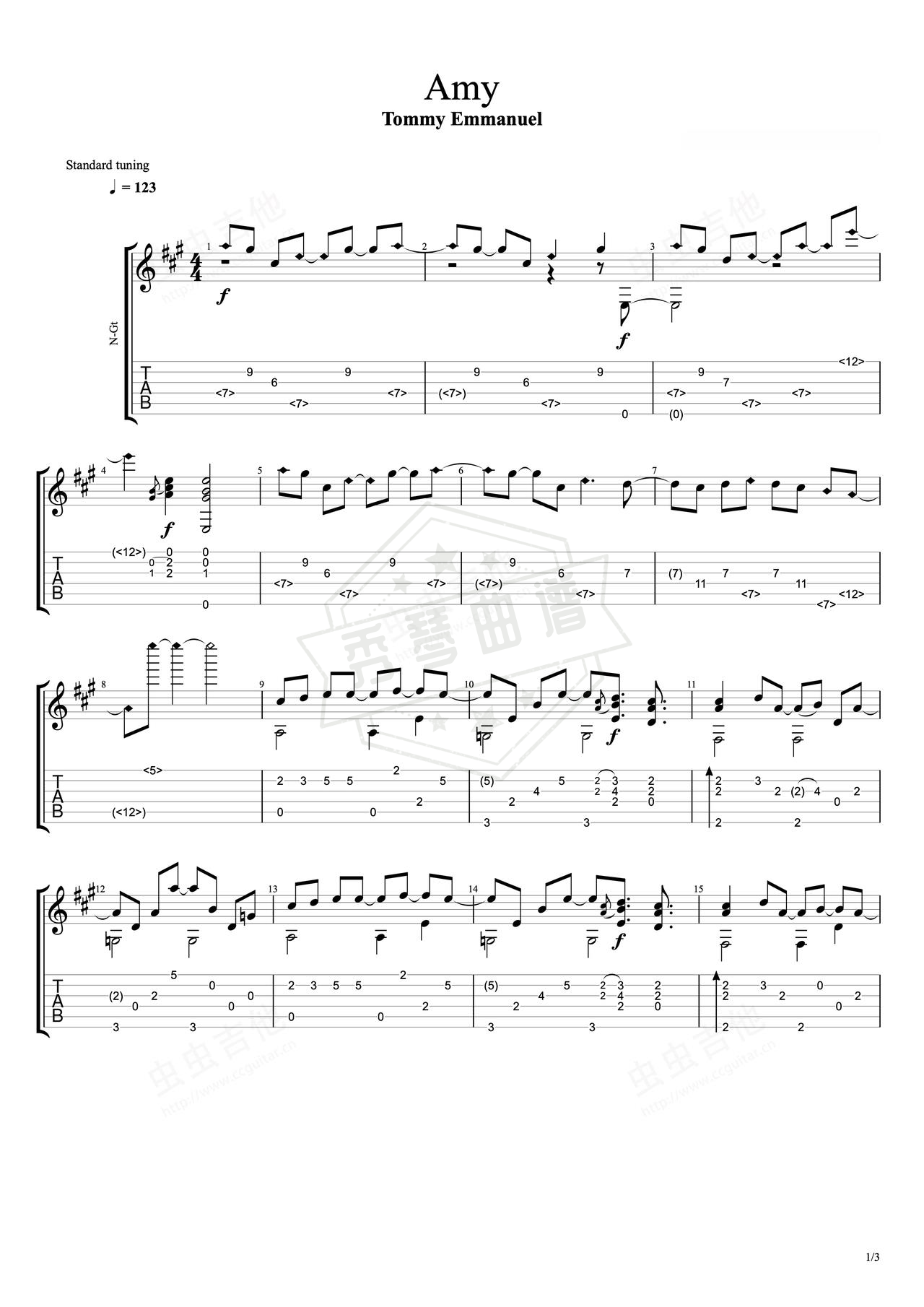 《Amy》吉他简谱A调指弹谱（Tommy Emmanuel）-秀琴曲谱网