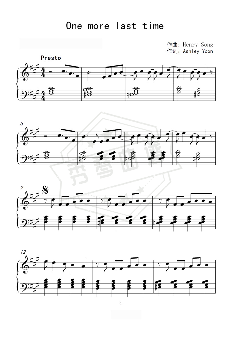 《One More Last Time》钢琴五线谱A调演奏版(Henry Young)-秀琴曲谱网