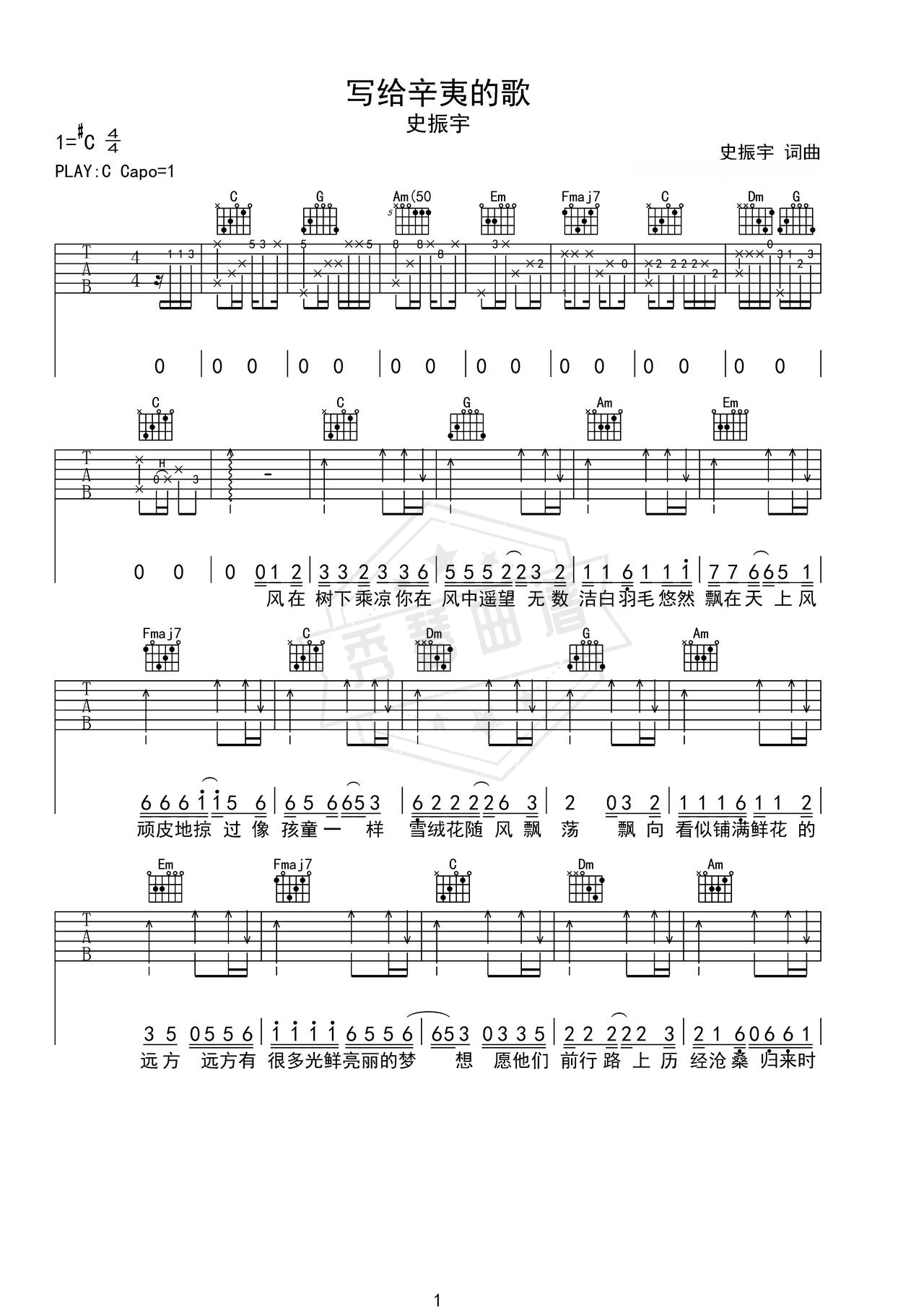 《写给辛夷的歌》吉他简谱C调弹唱谱（史振宇）-秀琴曲谱网
