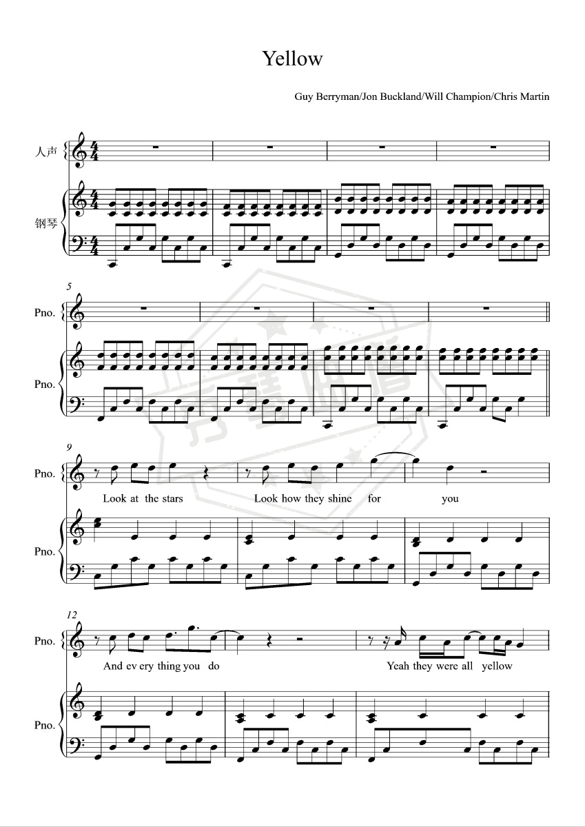 Yellow【C调弹唱附词】Coldplay-秀琴曲谱网