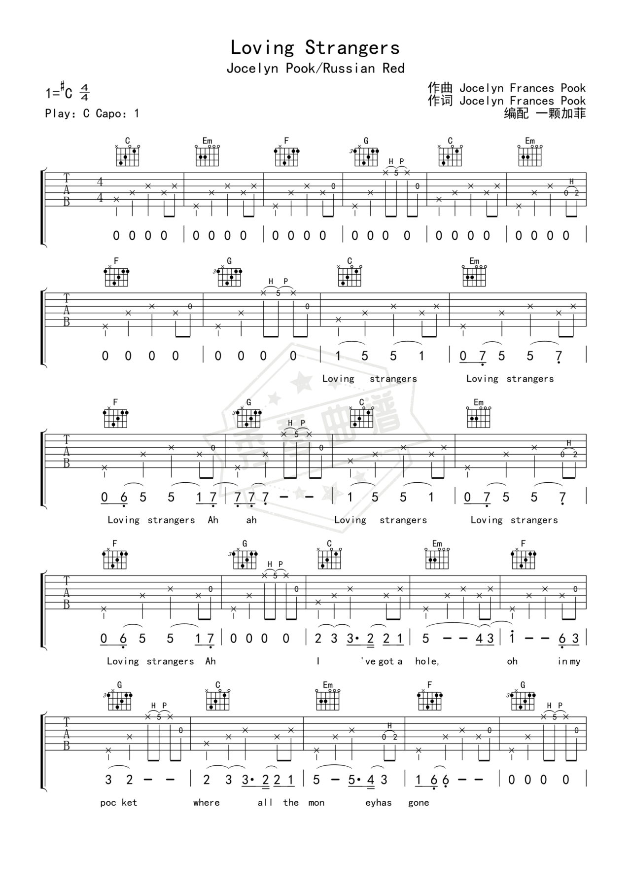 《Loving Strangers》吉他简谱C#/Db弹唱谱（Jocelyn Pook/Russian Red）-秀琴曲谱网