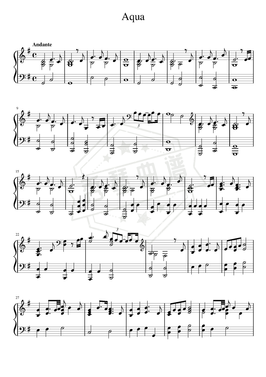 《Aqua》钢琴五线谱g调演奏版(坂本龙一)-秀琴曲谱网