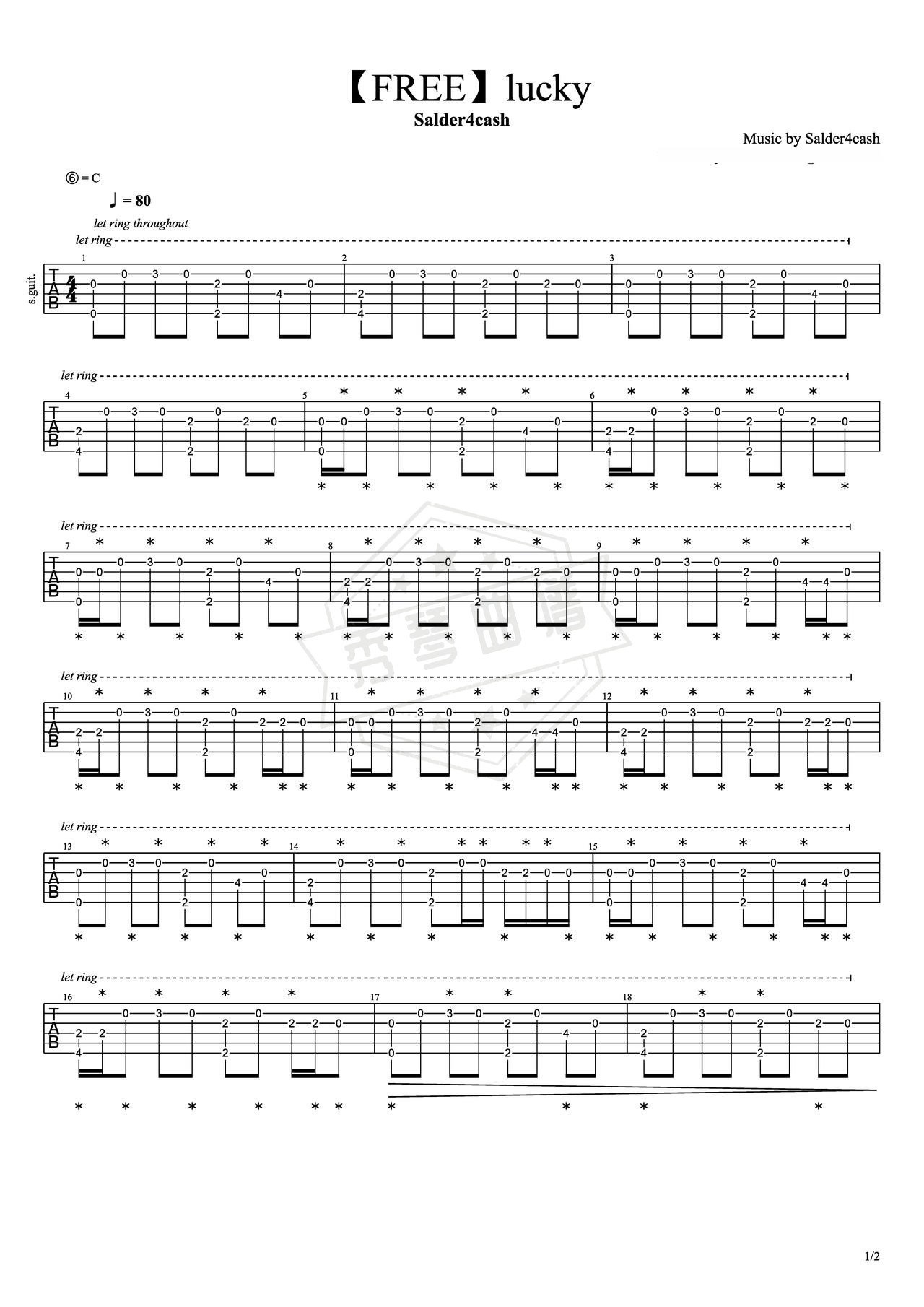 《【FREE】lucky》吉他简谱C调指弹谱（Salder4cash）-秀琴曲谱网