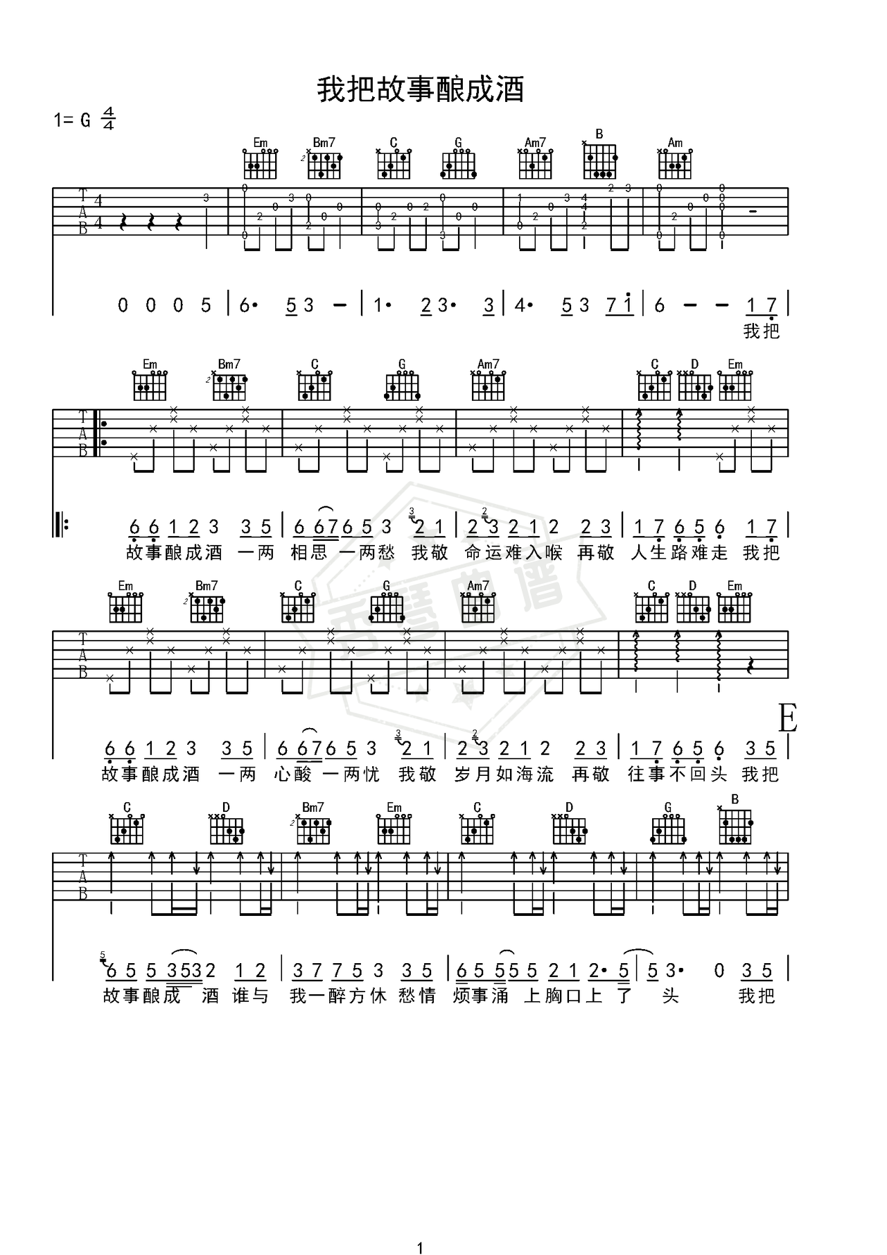 《我把故事酿成酒》吉他简谱G调弹唱谱（侯泽润）-秀琴曲谱网