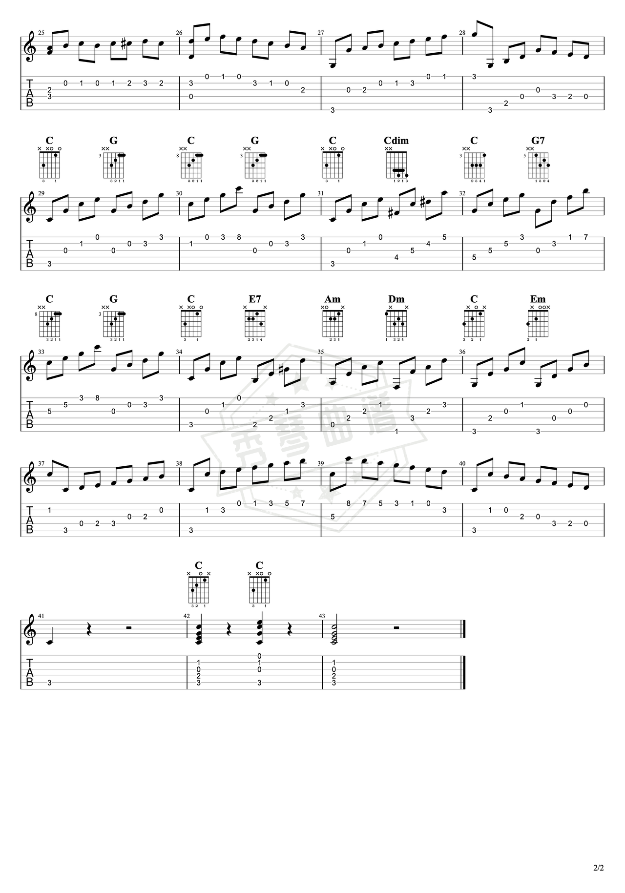 图片[2]-《卡尔卡西练习曲01》吉他简谱C调指弹谱（卡尔卡西）-秀琴曲谱网