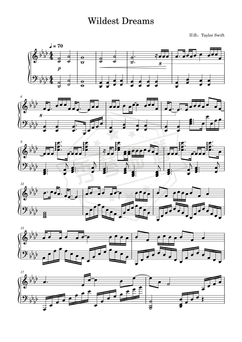 Wildest Dreams  独奏版Taylor’s Version-秀琴曲谱网