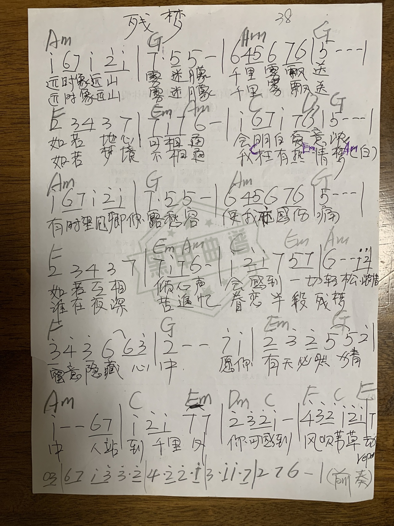 简谱C调《残梦》吉他弹唱谱_C调残梦曲谱