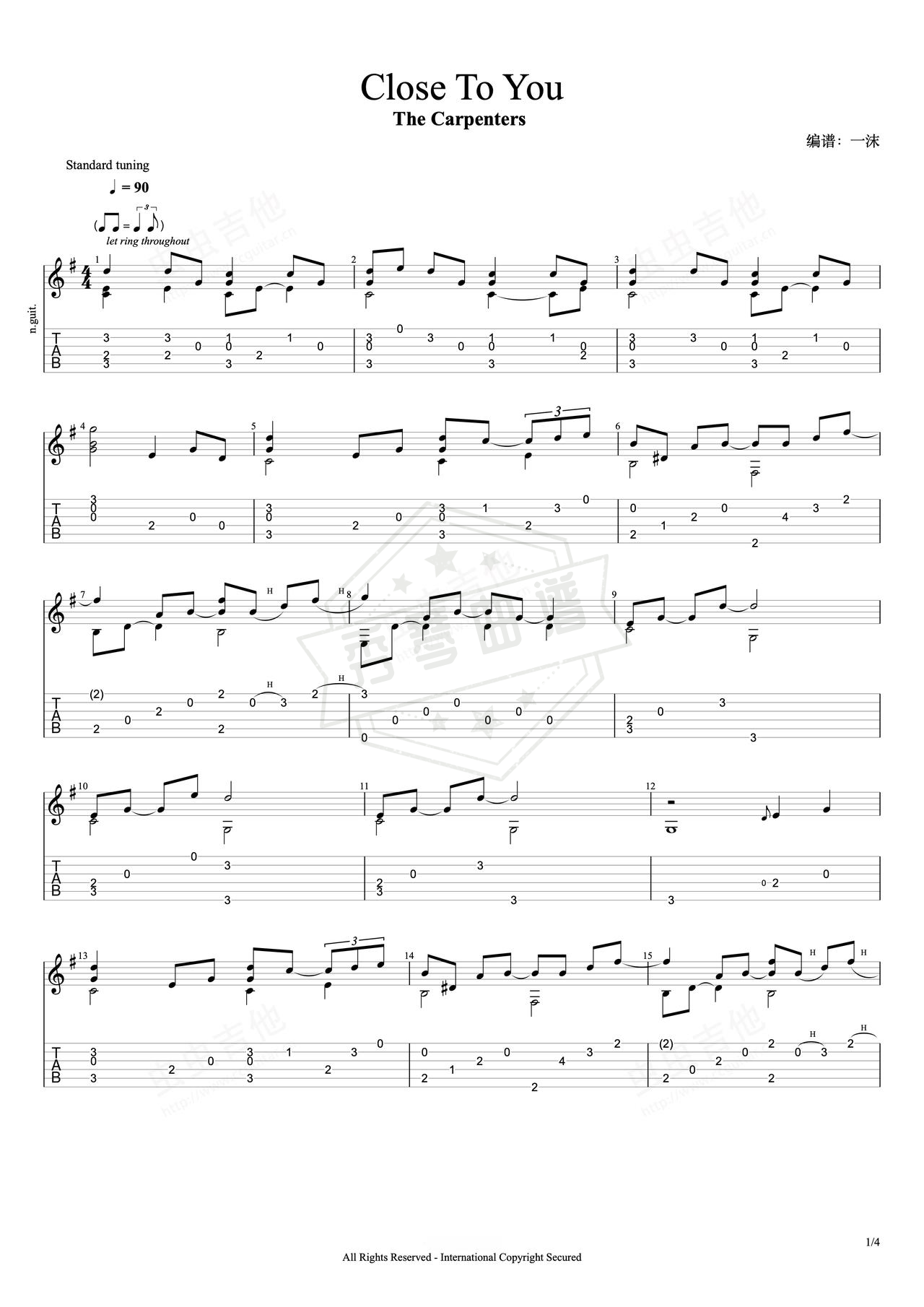 《Close To You》吉他简谱G调指弹谱（Carpenters）-秀琴曲谱网
