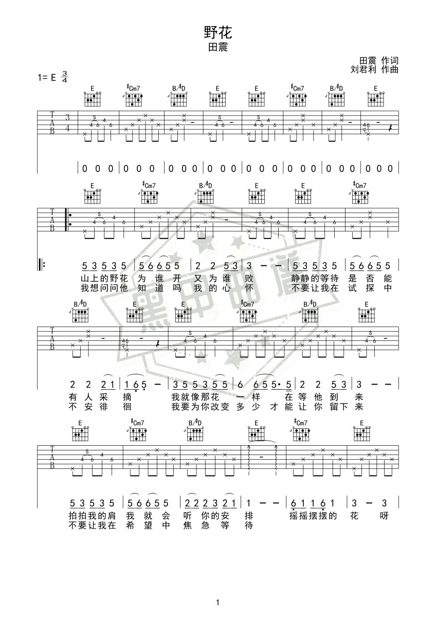 六线谱e调《野花》吉他弹唱版_高清可打印野花曲谱