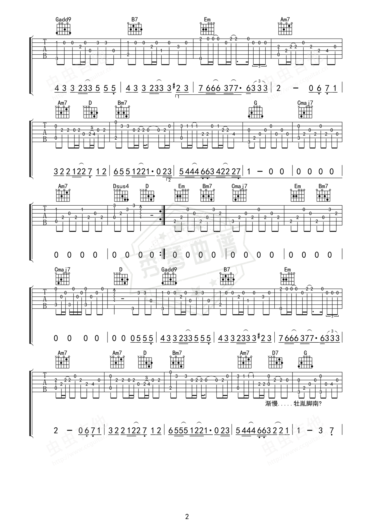 图片[2]-《刻在我心底的名字》吉他简谱Bb调指弹谱（卢广仲）-秀琴曲谱网