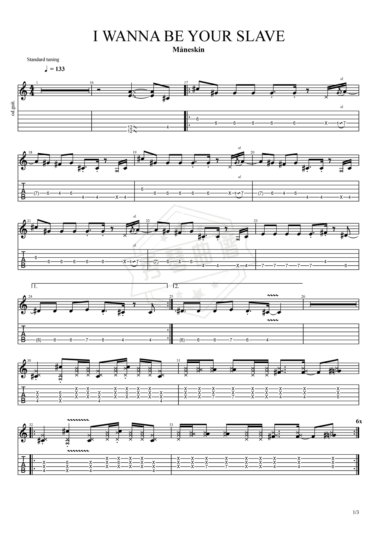 《I WANNA BE YOUR SLAVE》吉他简谱c调电吉他谱（M?neskin）-秀琴曲谱网