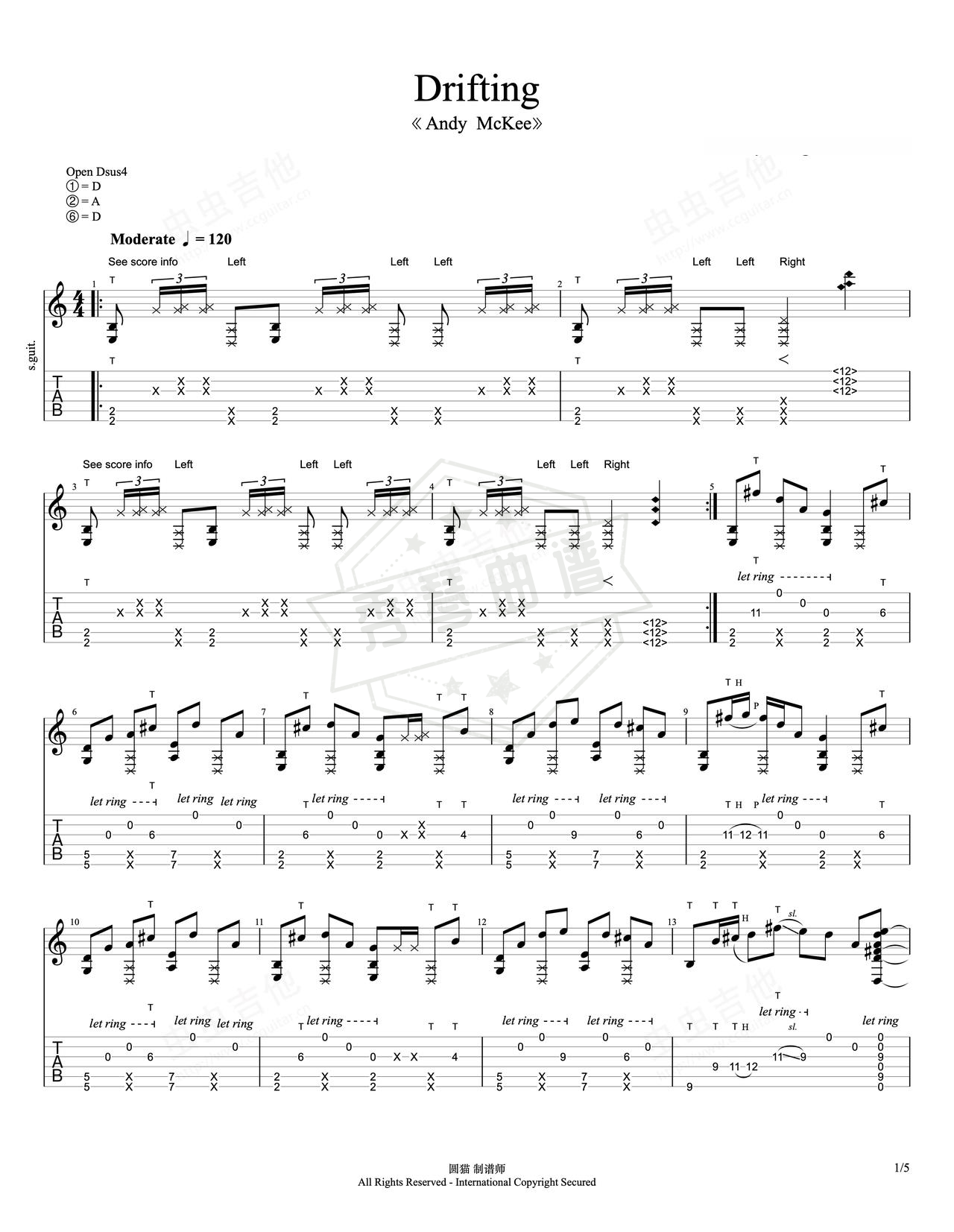 《Drifting》吉他简谱D调指弹谱（Andy  McKee）-秀琴曲谱网