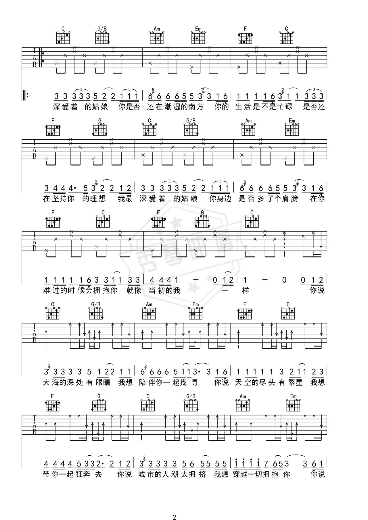图片[2]-《你是我曾经的理想》吉他简谱F调弹唱谱（焦靖峰）-秀琴曲谱网