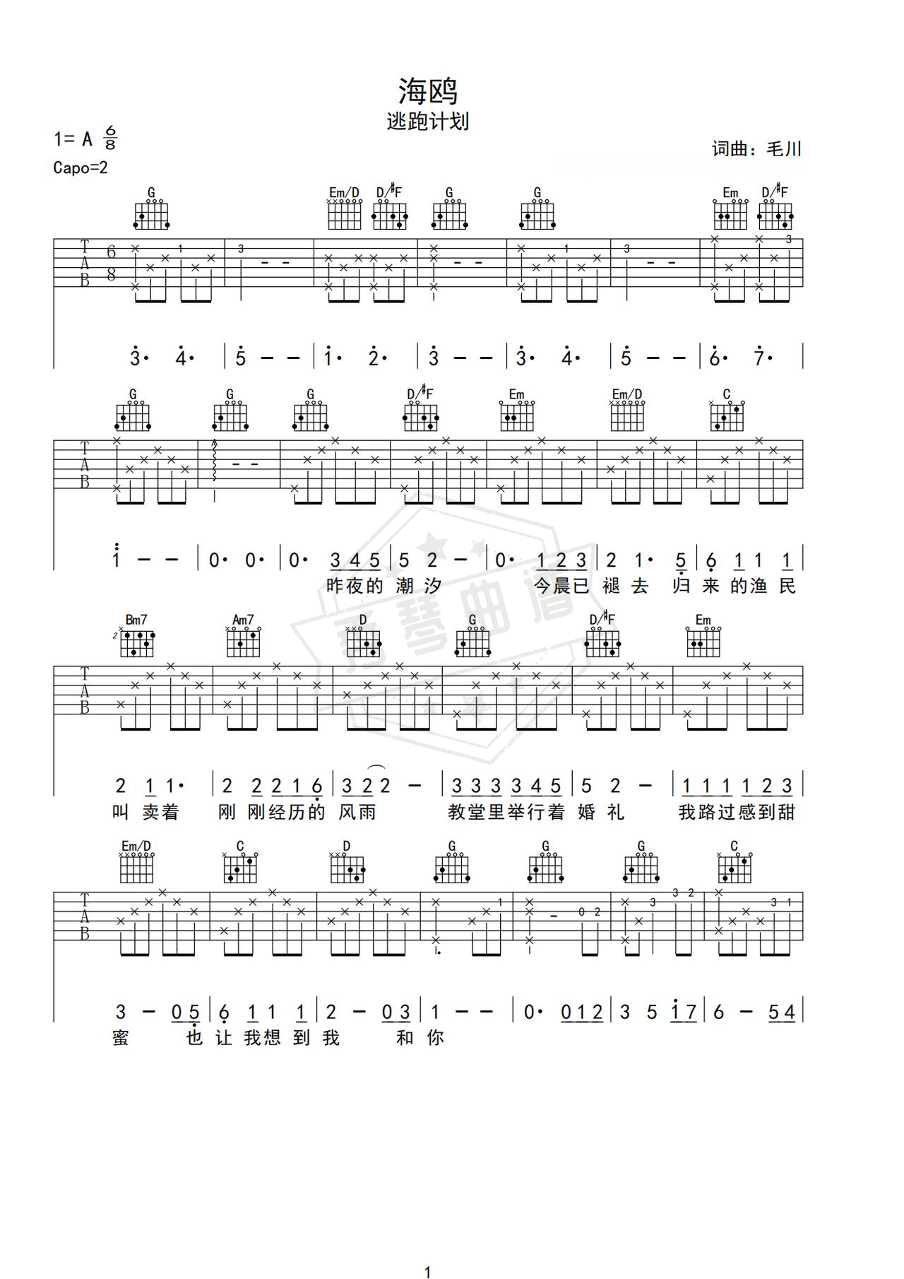 《海鸥》吉他简谱G调弹唱谱（逃跑计划）-秀琴曲谱网