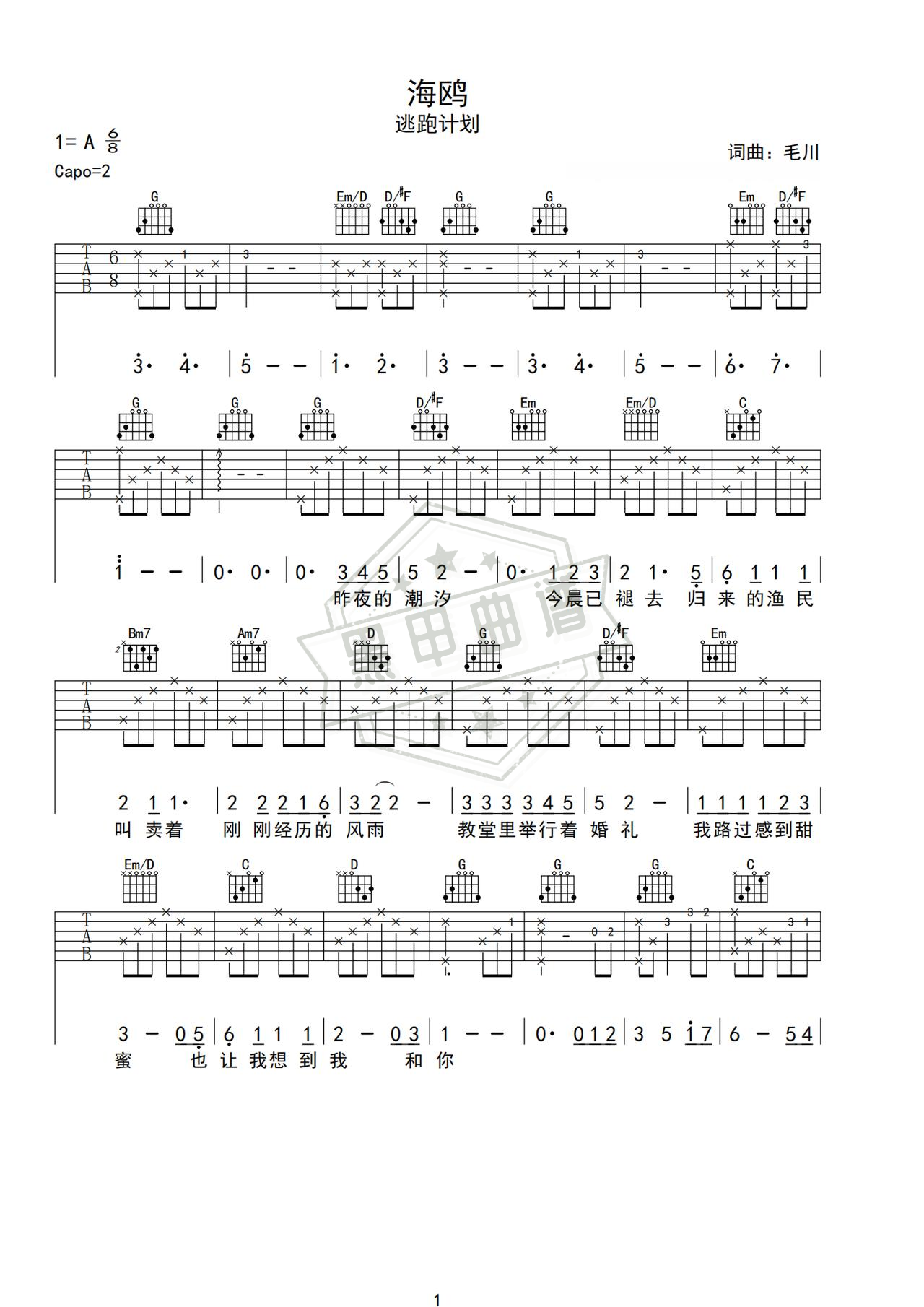 简谱G调《海鸥》吉他弹唱谱_G调海鸥曲谱