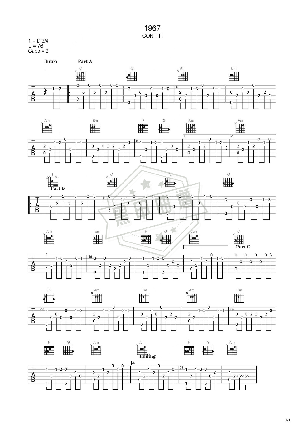 简谱C调《1967》吉他指弹谱_C调1967曲谱