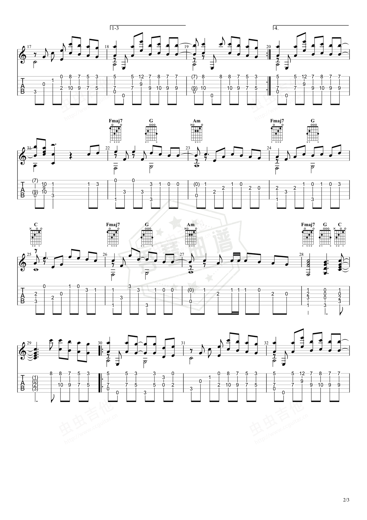 图片[2]-《樱花泪》吉他简谱C调指弹谱（SakuraTears）-秀琴曲谱网