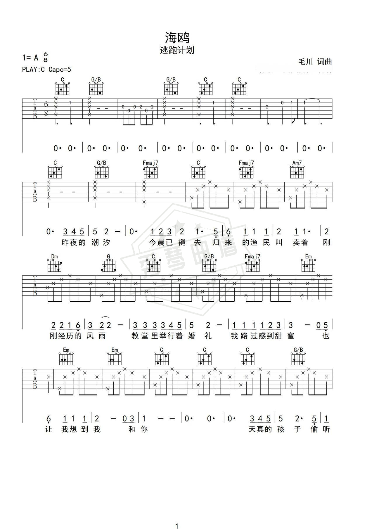 《海鸥》吉他简谱C调弹唱谱（逃跑计划）-秀琴曲谱网