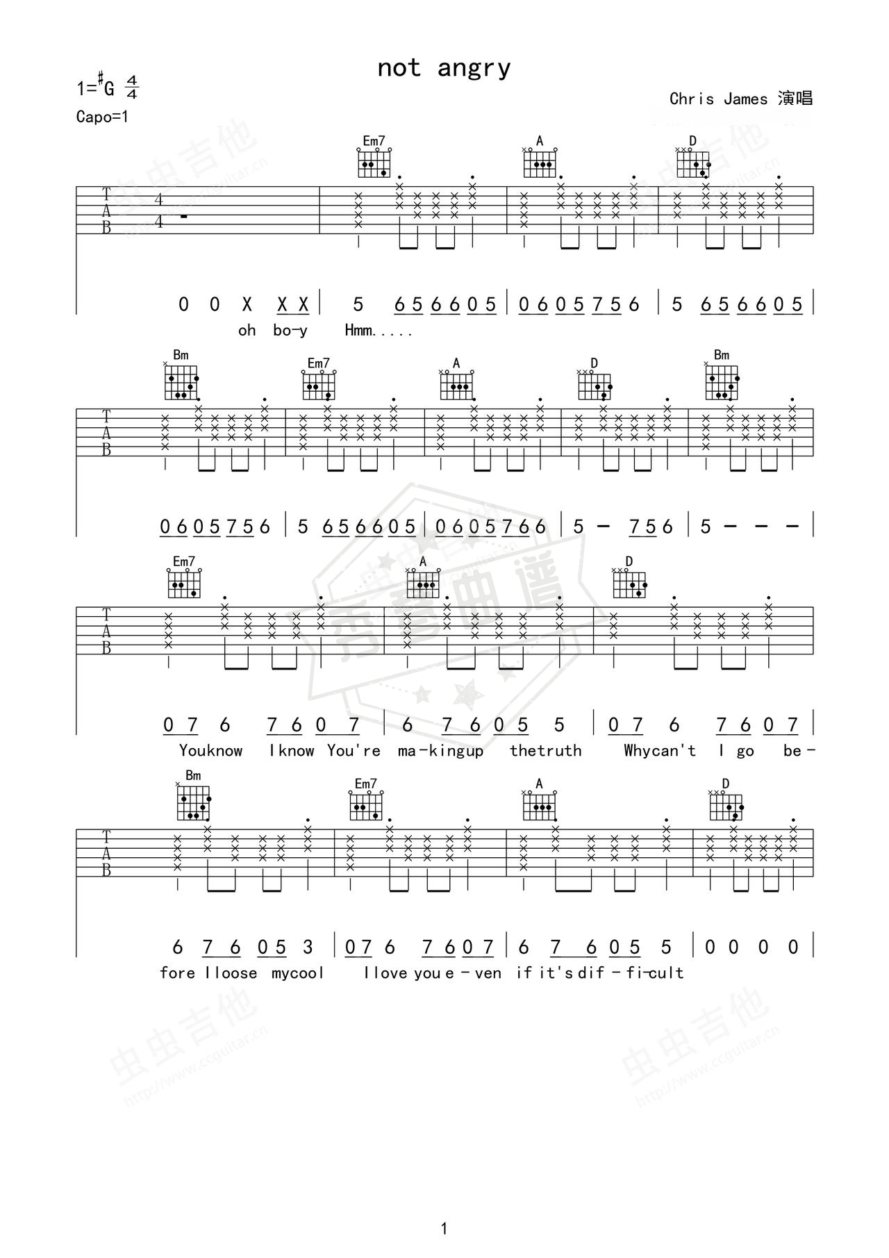 《not angry》吉他简谱Ab调弹唱谱（Chris James）-秀琴曲谱网