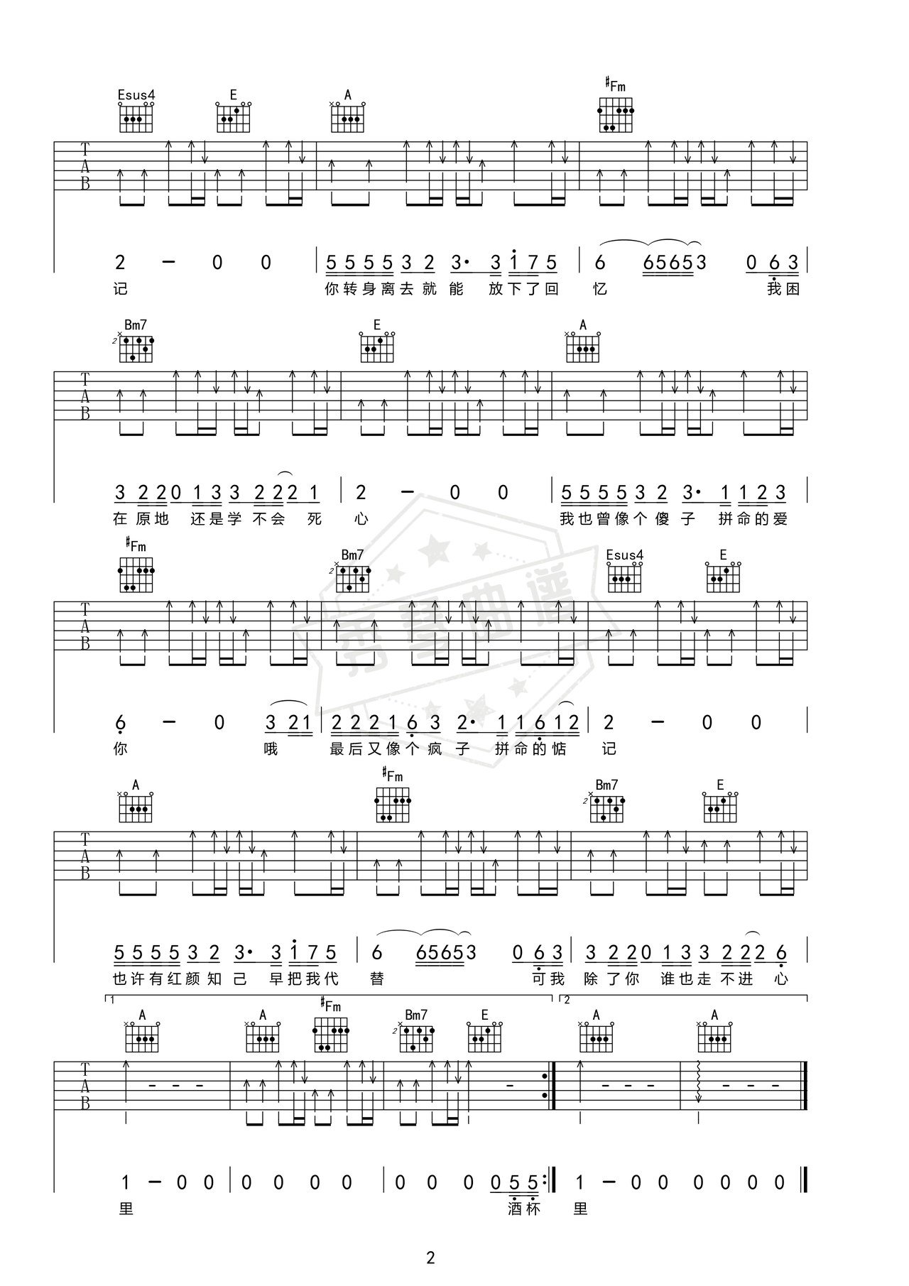 图片[2]-《我曾像傻子一样爱你》吉他简谱Bb调弹唱谱（任夏）-秀琴曲谱网