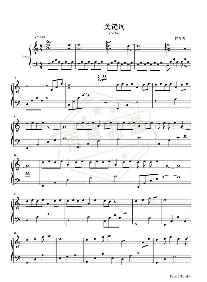 《关键词》钢琴五线谱c调演奏版-秀琴曲谱网