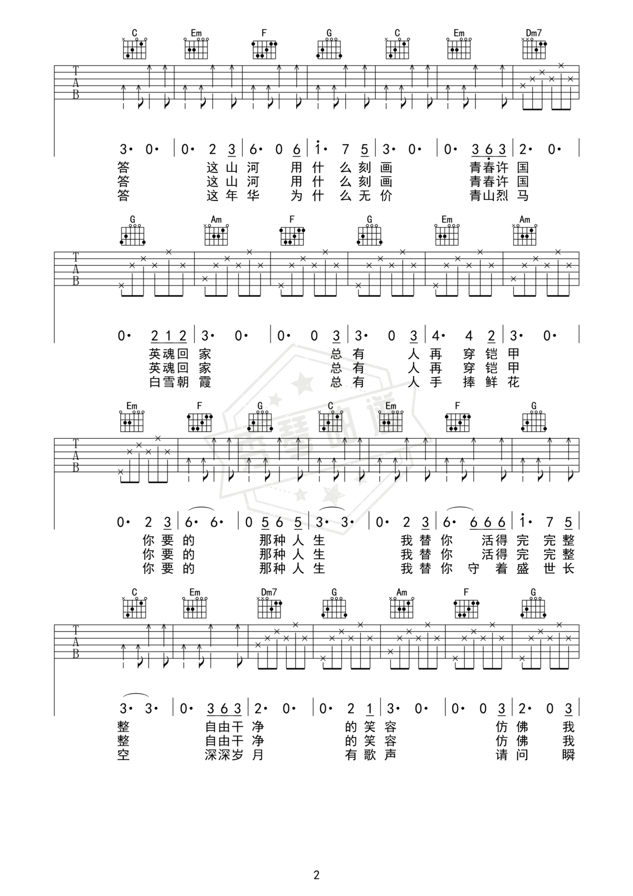 图片[2]-《年轻人》吉他简谱C调弹唱谱（张杰）-秀琴曲谱网