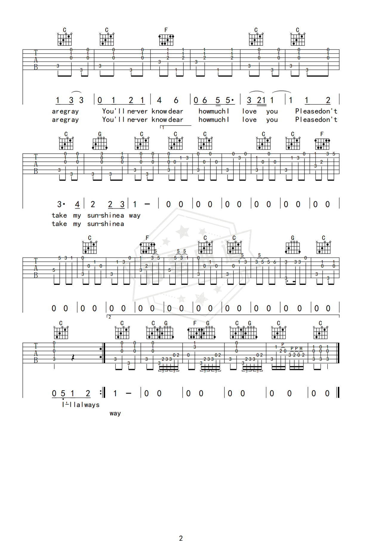 图片[2]-《YOU ARE MY SUNSHINE》吉他简谱C调弹唱谱（Jimmie Davis）-秀琴曲谱网