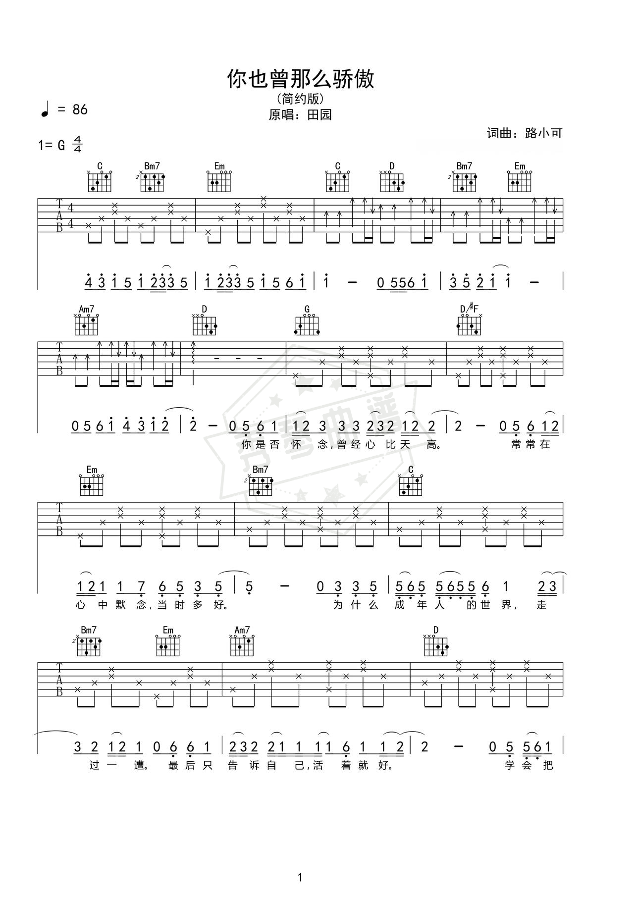 《你也曾那么骄傲》吉他简谱G调弹唱谱（田园）-秀琴曲谱网