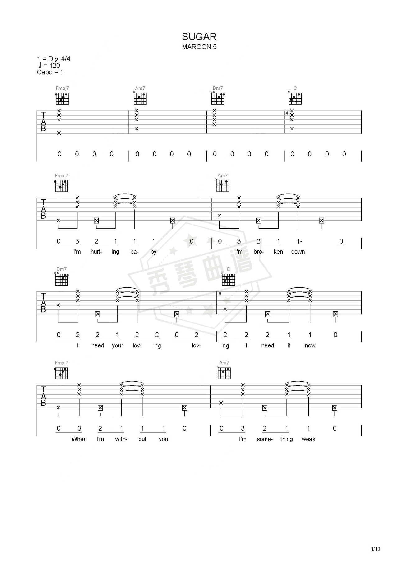 《sugar》吉他简谱C调弹唱谱（Maroon 5）-秀琴曲谱网